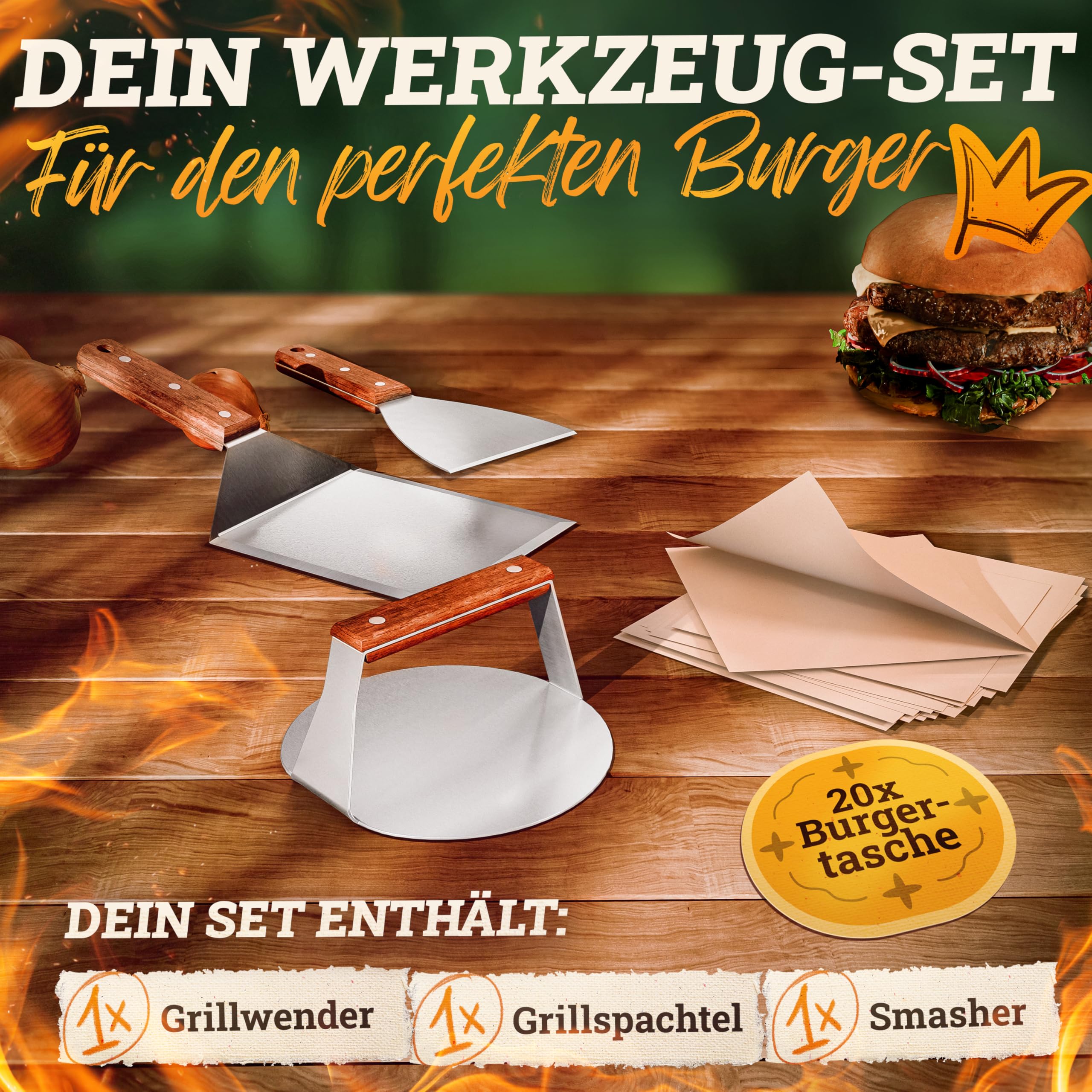 LIKAYA [BUNDLE] Plancha płyta grillowa ze stali nierdzewnej [30 x 40 cm] + zestaw do hamburgerów – 4 x szpachla do grilla i burger Smasher z uchwytem z drewna akacjowego FSC – idealne hamburgery na