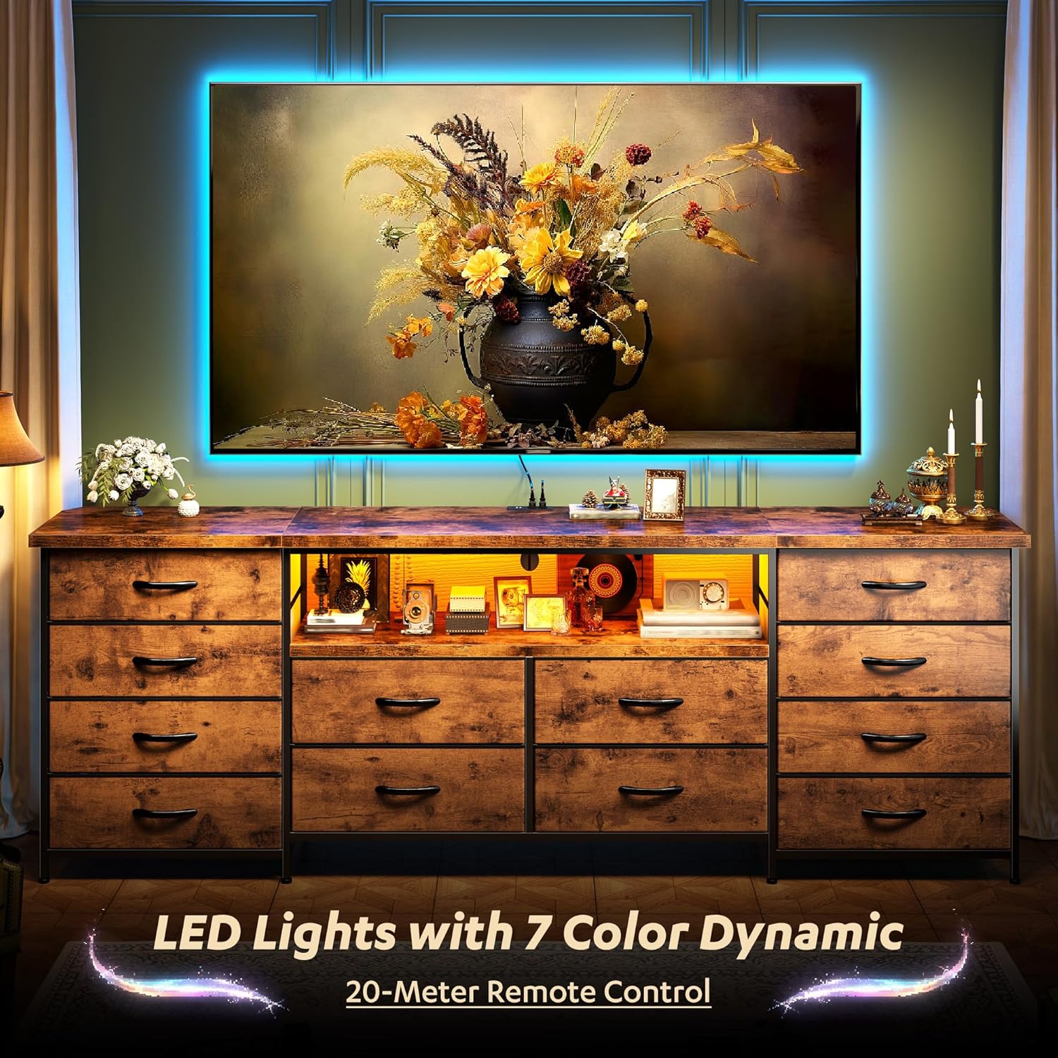 Romorgniz 63" W Dresser for Bedroom with 12 Drawers, LED TV Stand with Power Outlets for 65,70 Inch TV, Sturdy Entertainment Center Long Chest of Drawers with Extra Wood Shelf, Rustic Brown
