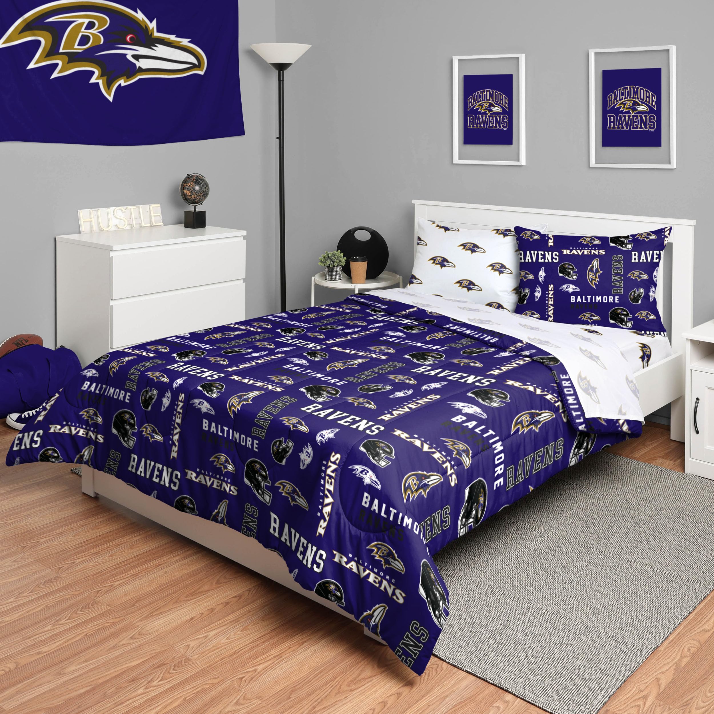 Parure de lit Ravens de Baltimore 5 pièces avec couette et draps pour lit double FOCO