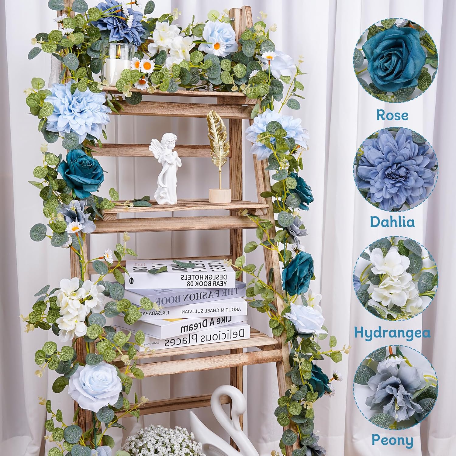 1 Pack Artificial Blue Flower Garland, 6.07Ft Fake Vines,Eucalyptus Garland with Silk Dahlia Rose Hydrangea Peony,Floral Garlands for Birthday Wedding Table Centerpieces Decor