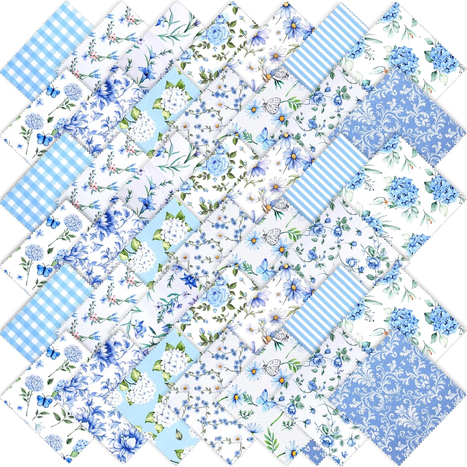 42Pcs Blue Charm Packs for Quilting, 100% Cotton Fabric Squares 5 x 5Inch Pre-Cut Quilted Fabric Floral Patchwork for Sewing DIY Craft(Blue Floral)