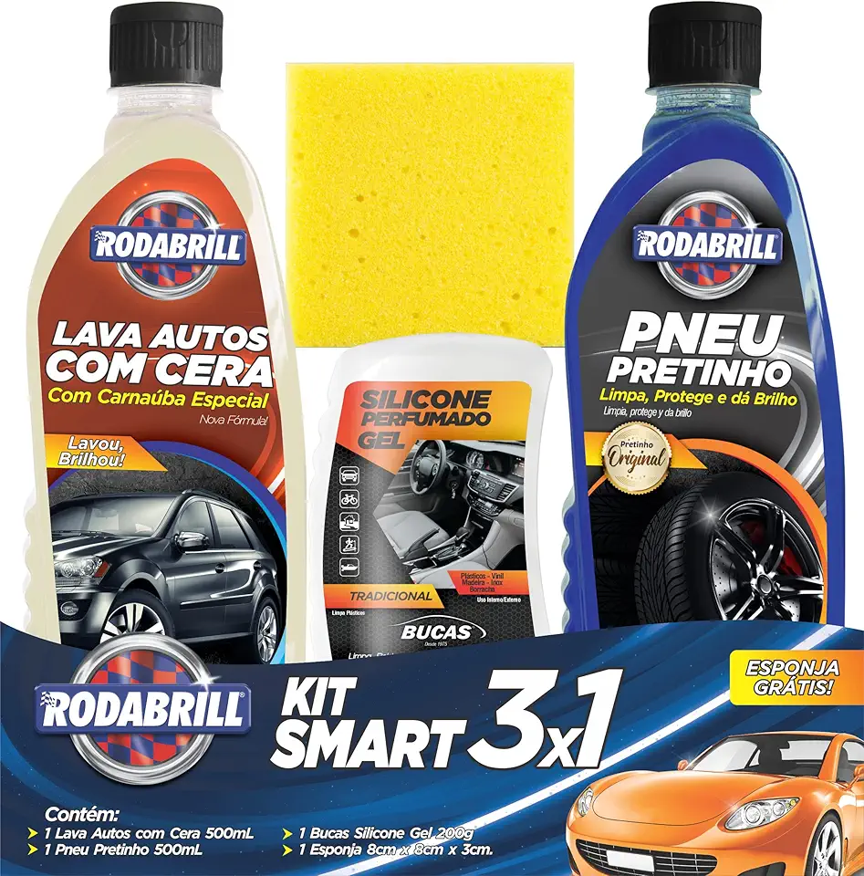 Kit Smart Rodabrill - Lava autos com cera, Pneu pretinho, Silicone gel tradicional