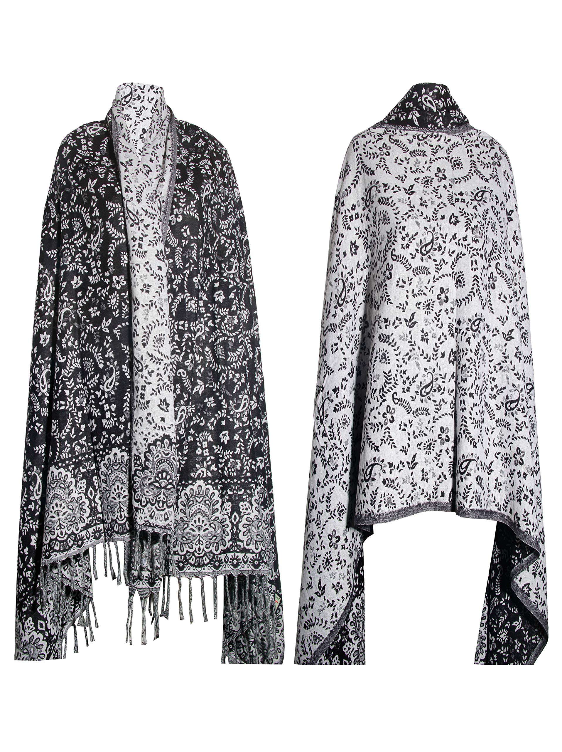 Winterschal, handgefertigt, luxuriös, mit Blumenmuster, Schwarz / Weiß