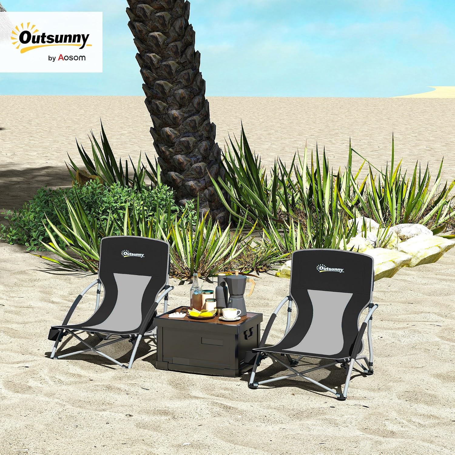 Outsunny Set of 2 Backpack Beach Chair, Folding Beach Chairs with Mesh Back, Carry Bag and Cup Holder, Lightweight and Portable for Outdoor Camping Lawn Sports Picnic, Black