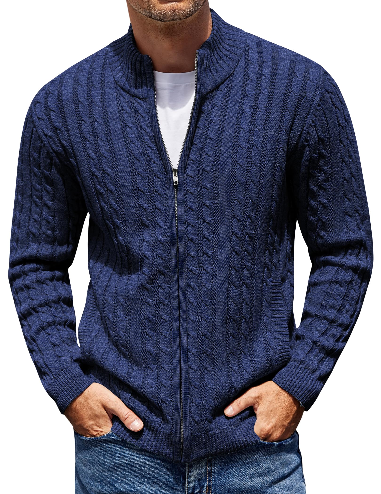 COOFANDY Men's Full Zip Cardigan Sweater Slim Fit Cable Knitted