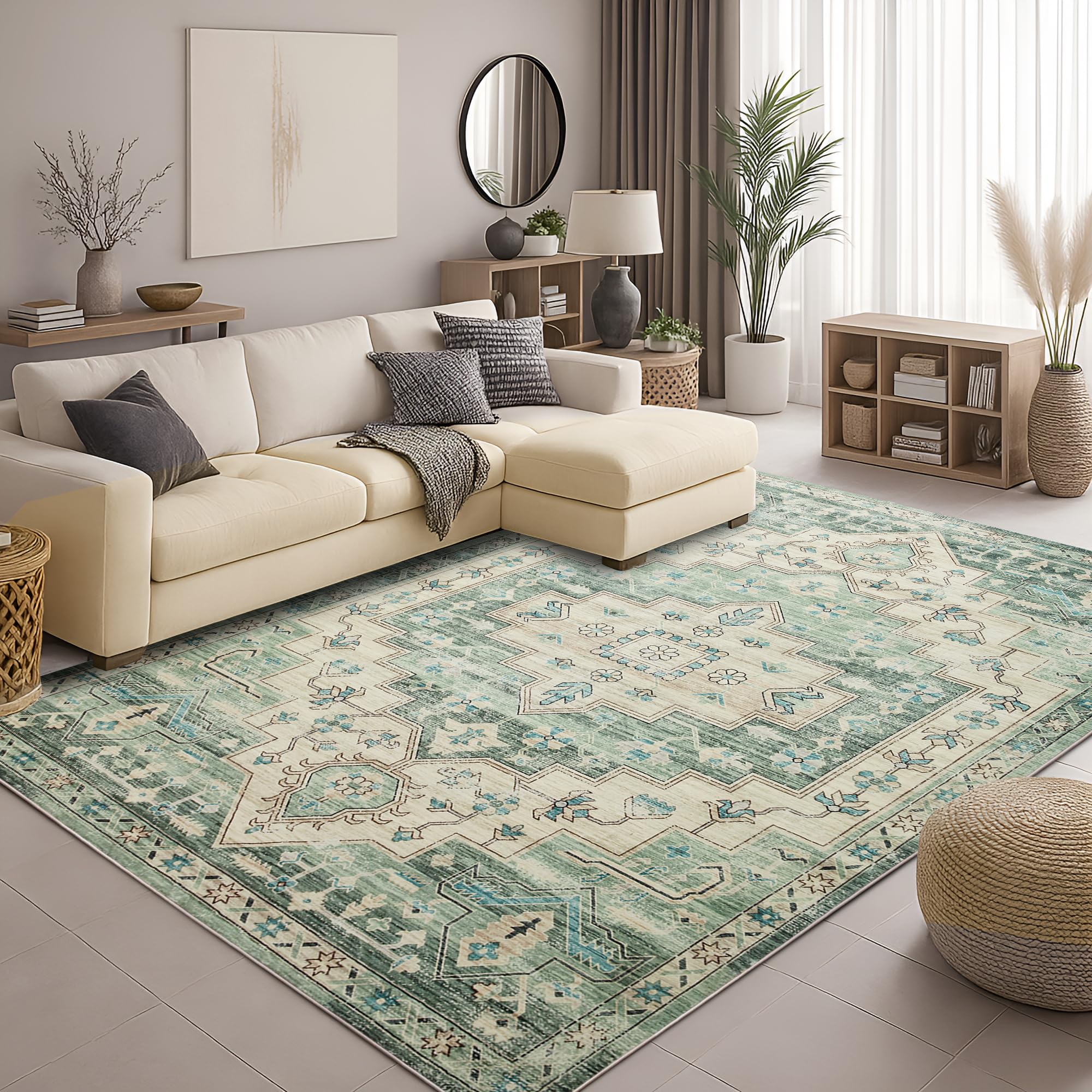 BedLooms Machine Washable Extra Large Rugs Living Room 200x290 cm, Non Slip Traditional Vintage Design Boho Rug Floor Carpet for Dining Room Green Area Rugs for Bedroom (Ember)