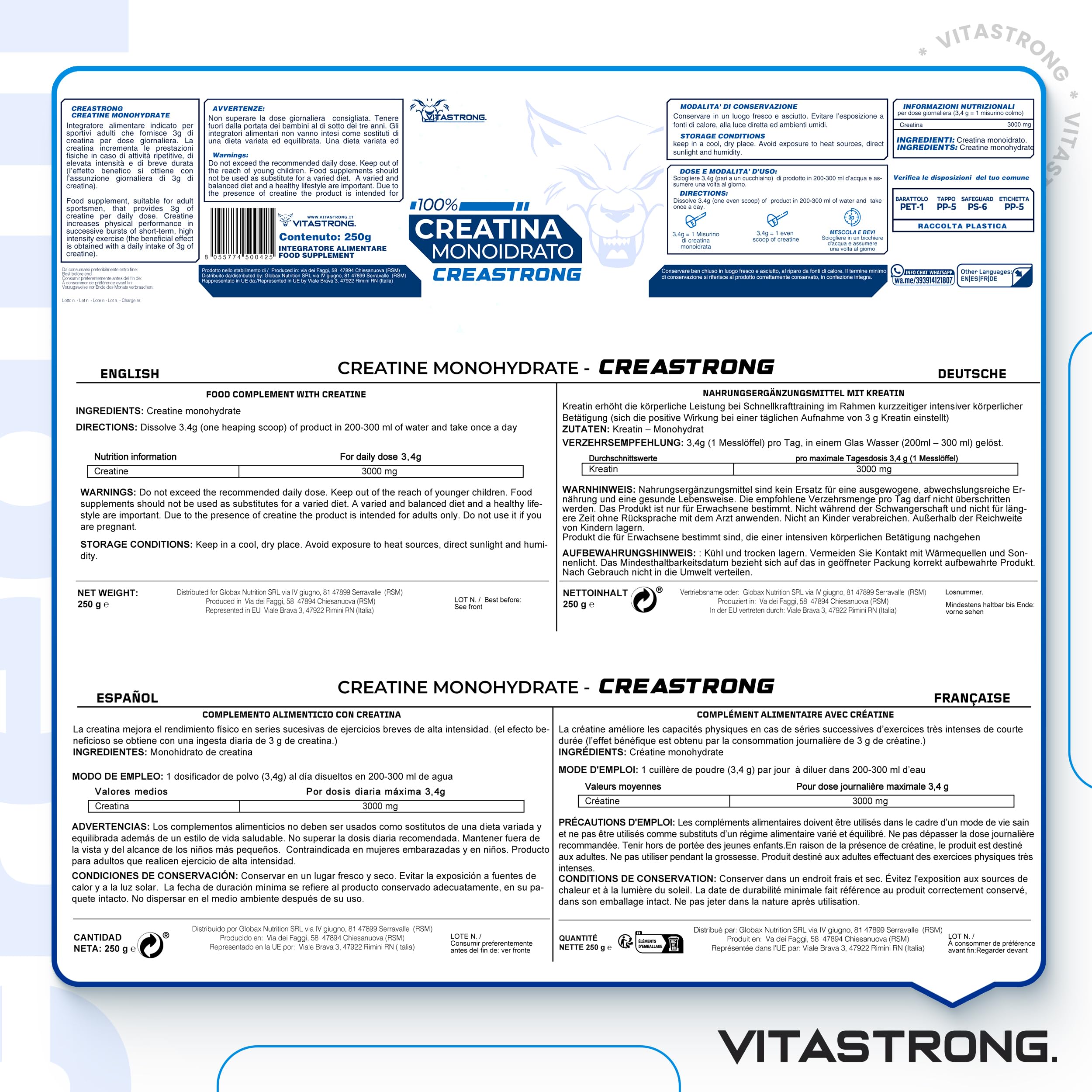 Creatina Monoidrata 3000mg CreaStrong Vegan Pura, Creatina in Polvere Senza Additivi, Pre, Intra, Post Workout, Alternativa a Creatina Capsule e Compresse (250 g (Confezione da 1), Creastrong)