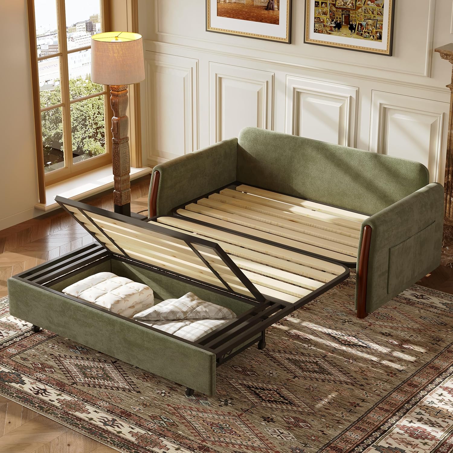 63" Convertible Sofa Bed, 3-in-1 Pull-Out Sleeper Sofa with Hidden Storage, Upholstered Modern Loveseat Couch with Pillows, Space-Saving Sofa for Living Room/Apartment, Olive Green