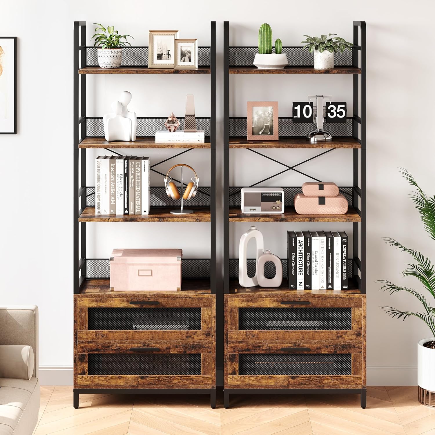 IDEALHOUSE Bookshelf with Drawers Industrial Bookcase with 4 Tiers Open Storage Shelves Rustic Bookshelves Tall Display Racks Farmhouse Bookshelf for Bedroom, Living Room, Home Office, Brown