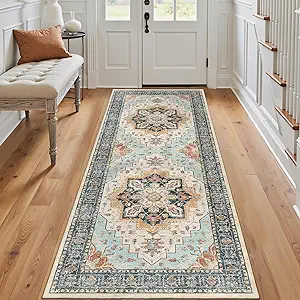 Madane Washable Runner Rug - 2x6 Rug Runners for Hallways 6 Foot Non Slip Vintage Kitchen Runner Rug Ultra-Thin Bathroom Runner Rugs Carpet Laundry Room Bedroom (2x6ft, Orange/Blue)
