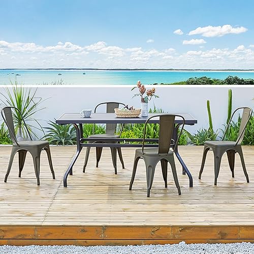 Miniatura 37 de Yaheetech Sillas de comedor de metal con asiento de madera/parte superior apilables, sillas de cocina con respaldo para interiores y exteriores,