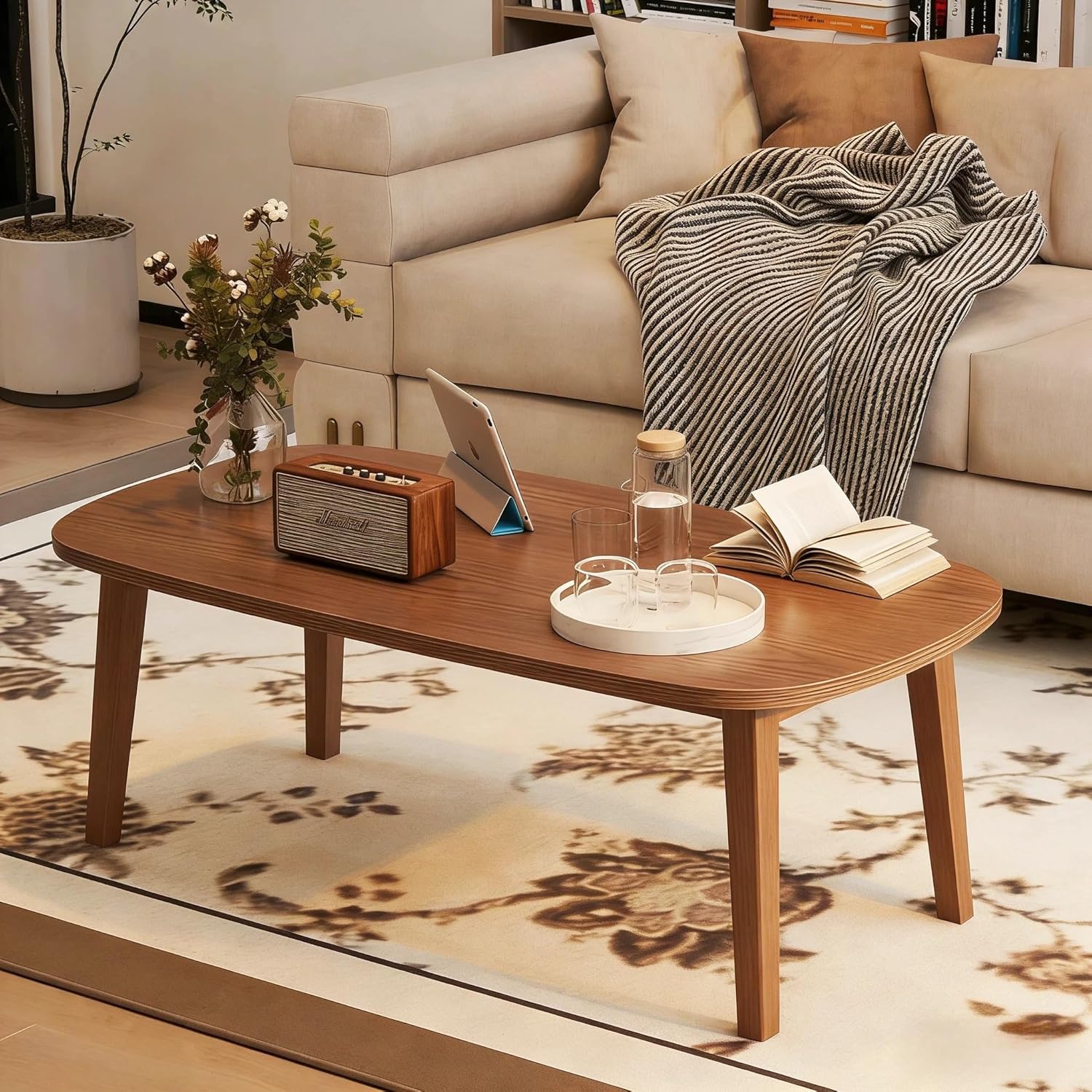 Solid Wood Coffee Tables for Living Room, Sofa Table, Minimalist Natural Wood Side Table, Foldable Legs, Walnut Color.(39.4IN)