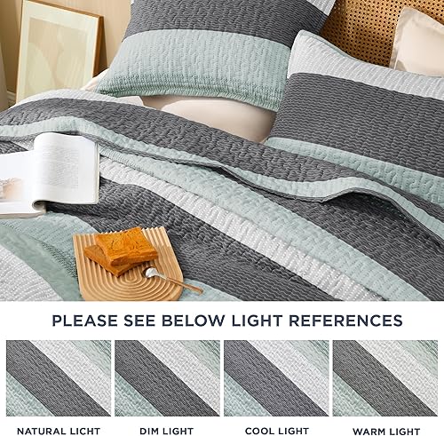 Miniatura 6 de Litanika - Juego de edredón para todas las temporadas, 3 piezas, edredón de verano, diseño de retazos a rayas, microfibra suave y ligera (1 edredón