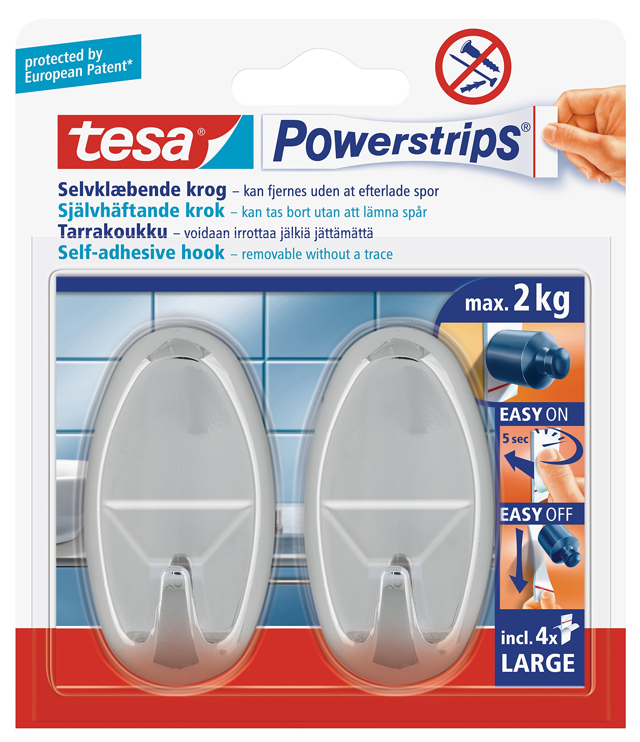 TesaUK Powerstrips Large Hooks with Removable Adhsive Strips Oval - Chrome, 2 Hooks