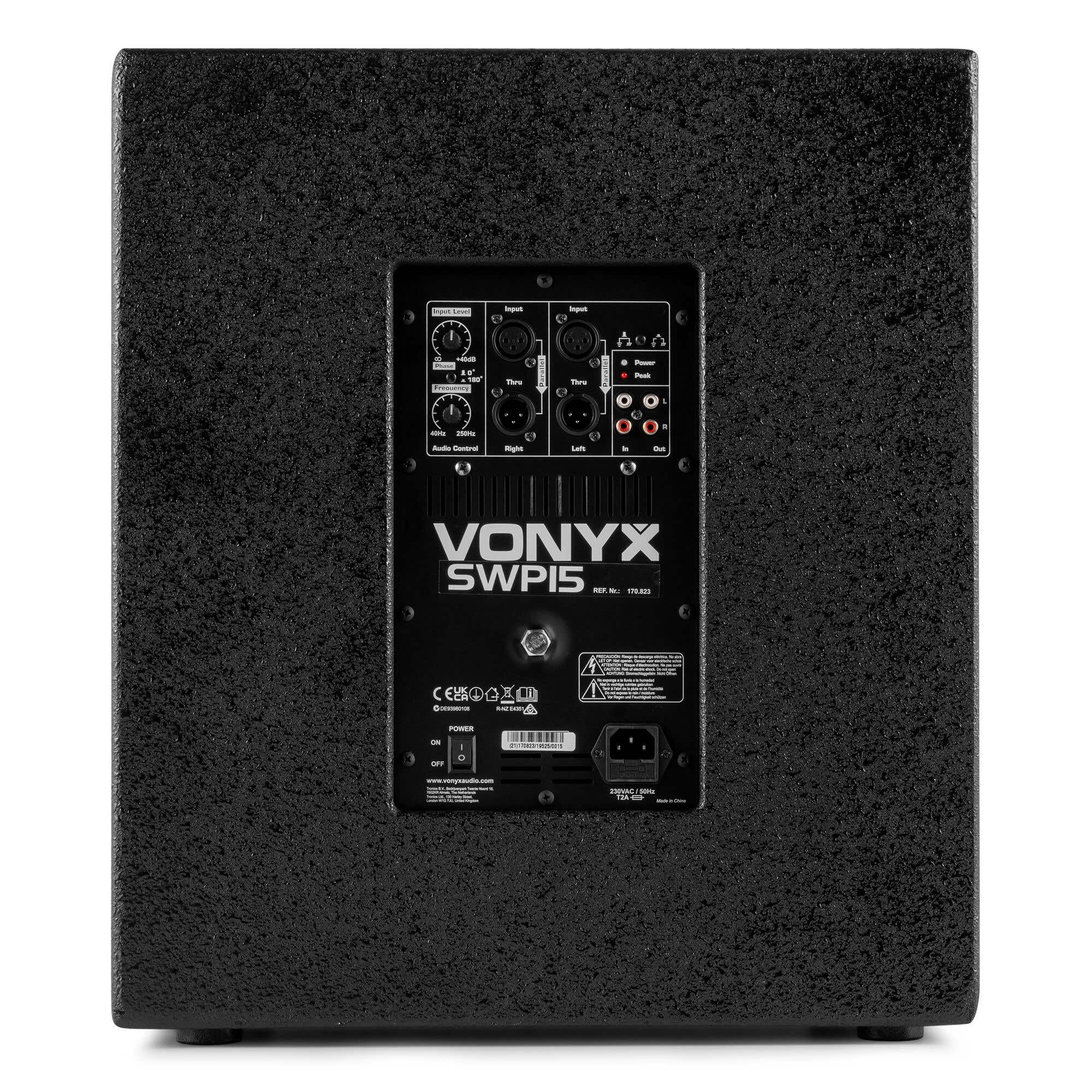VONYX SWP15 Caisson de Basse Actif 800W, Phase Réglable, Entrée/Sortie XLR + RCA, Amplificateur Intégré, Insert sur la Face Supérieure pour Enceinte Active, Grave 15", Idéal pour DJ Mobile