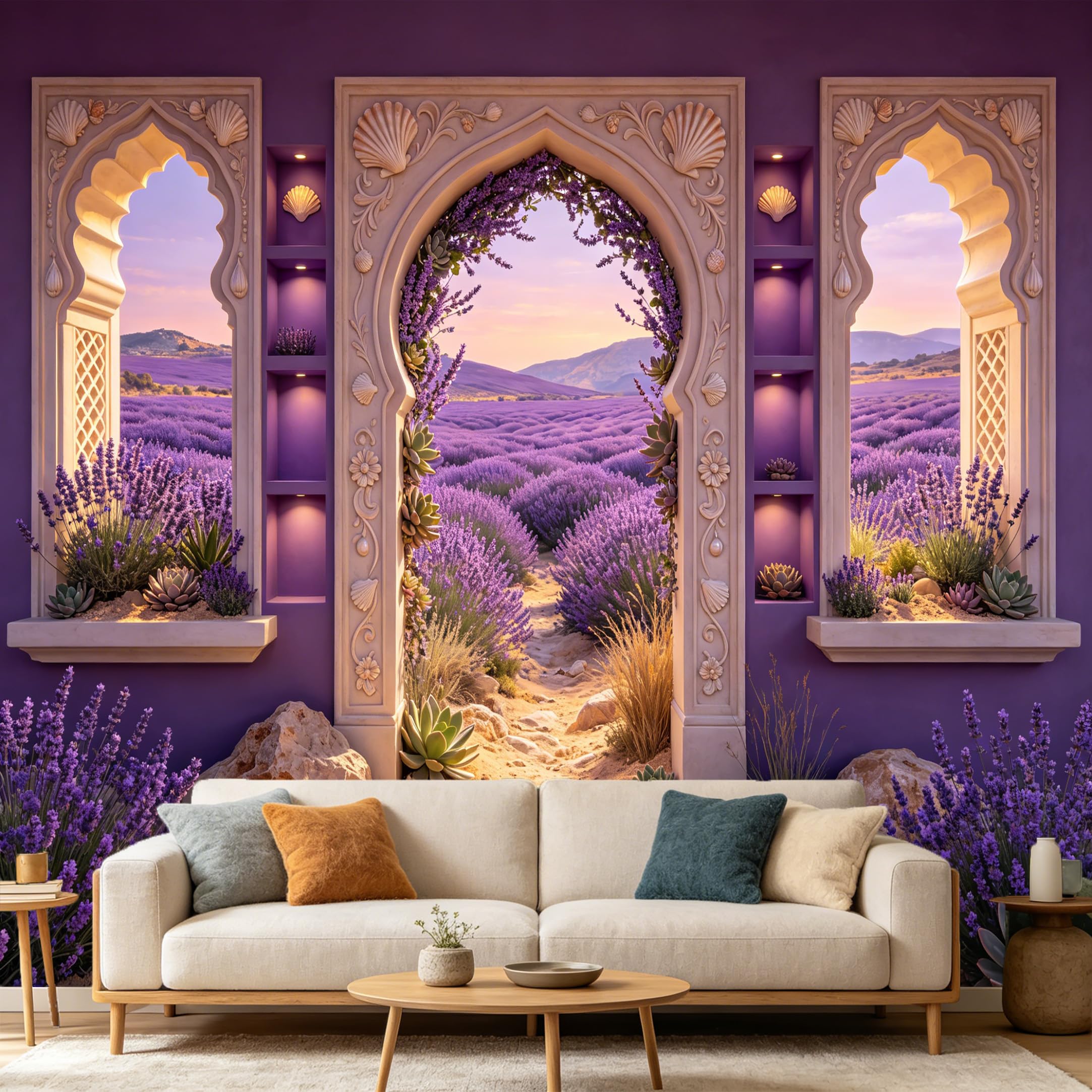 Custom Size Wall Mural， 3D Moroccan Archway Provence Lavender Fields Landscape， SelfAdhesive Art Prints wall Fabric Removable Large Wallpaper Home Living Room Decor