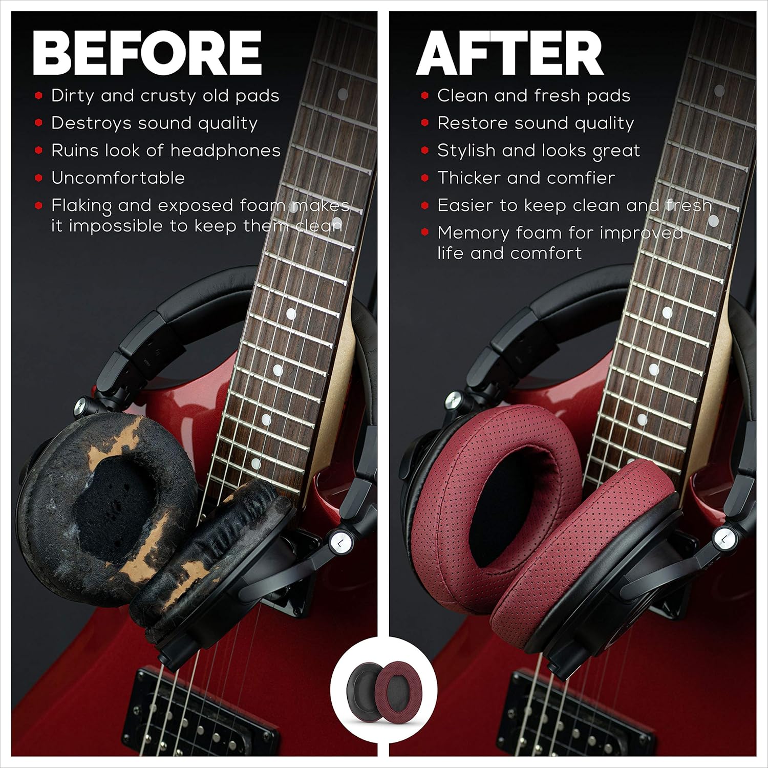 Brainwavz Replacement Memory Foam Earpads - Suitable for Many Other Large Over The Ear Headphones - AKG, HifiMan, ATH, Philips, Fostex (Perforated Red)