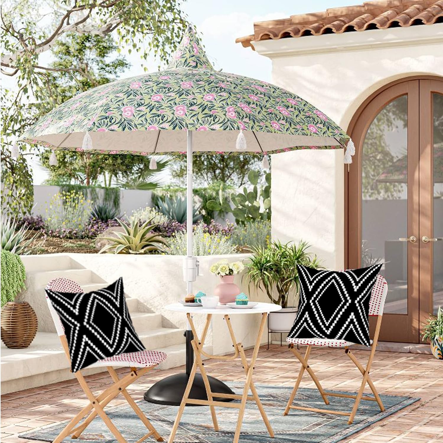 Outdoor Pillow Covers Set of 2, Waterproof Boho Throw Pillow Covers Geometric Pillow Cases for Patio Garden, Black (Black&white-01, 24x24 Inch)