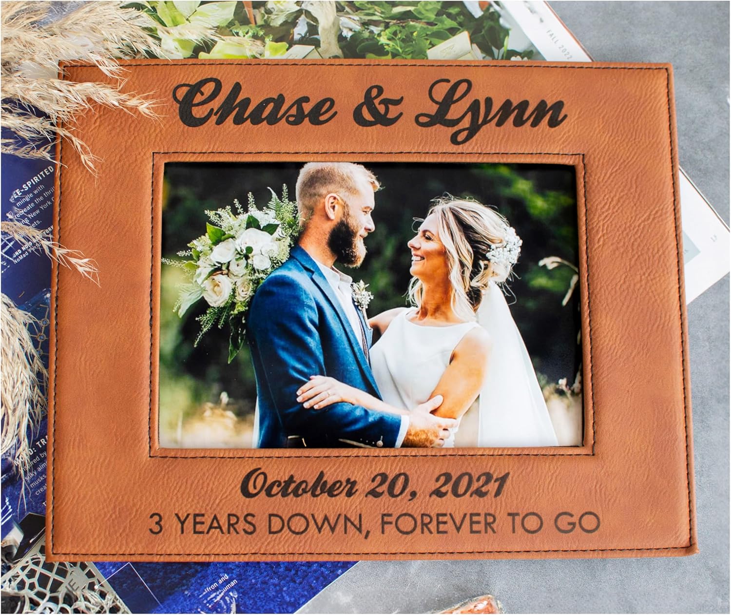 Picture Frame with Engraved Names & Preferred Text – Crafted in USA – Personalized Photo Frame for Desk & Wall Décor – Unique Birthday, Anniversary, Marriage Gift – 5x7 Picture Frame for Men & Women