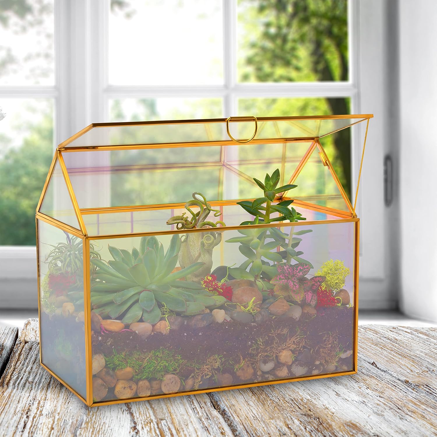 D'Eco Iridescent Glass House Centerpiece (10x6x8)- Planter Terrarium- Spring Easter Home Decor & Wedding Letterbox- Fill w Succulents, Moss, Colorful Eggs, Bunny Rabbits, Grass- Gift for Plant Lovers