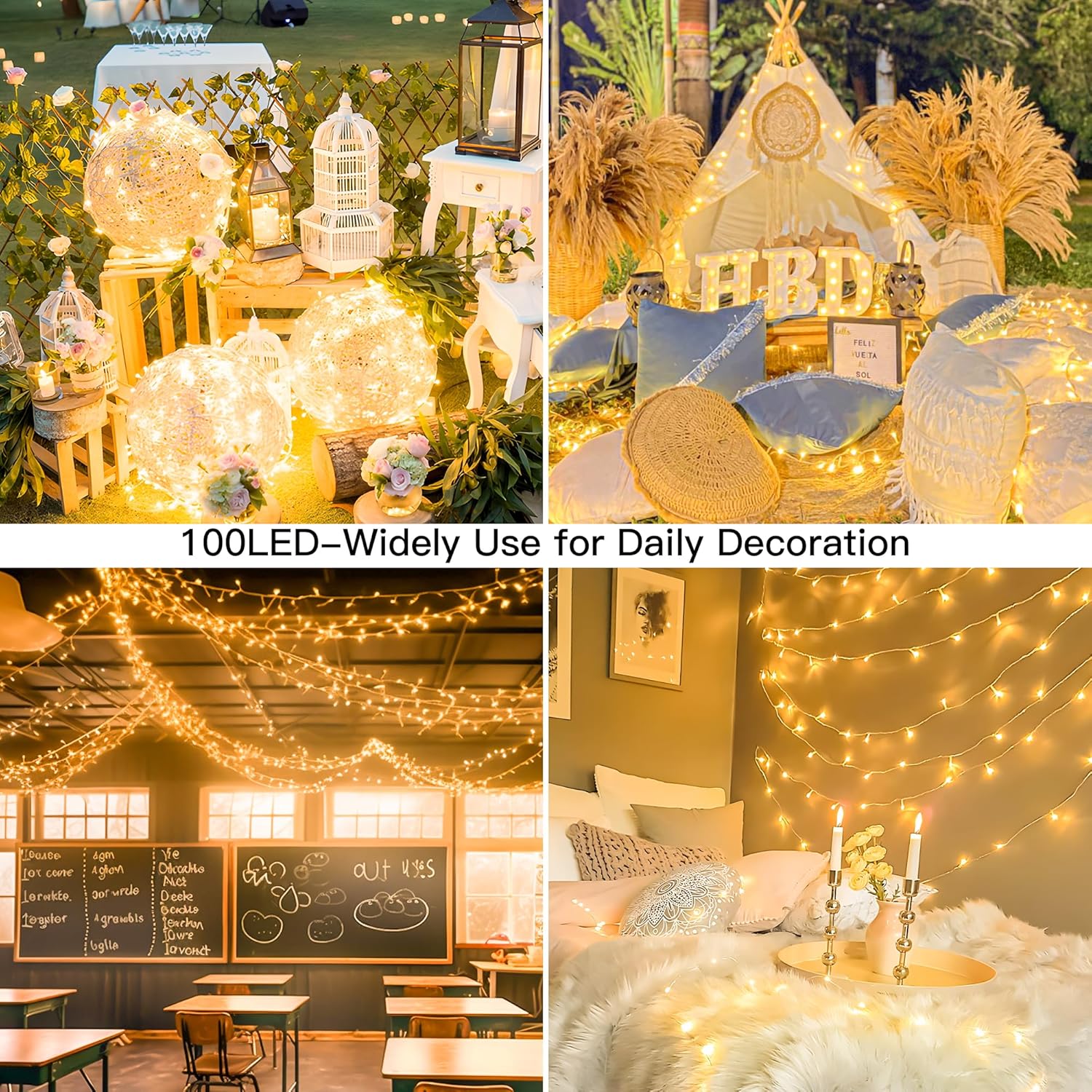 String Lights Indoor Bedroom, 33FT 100 LED Fairy String Lights Outdoor Waterproof, 8 Modes Memory Twinkle Christmas Light Plug in for Classroom Dorm Patio Tree Garden Decor(Warm White)