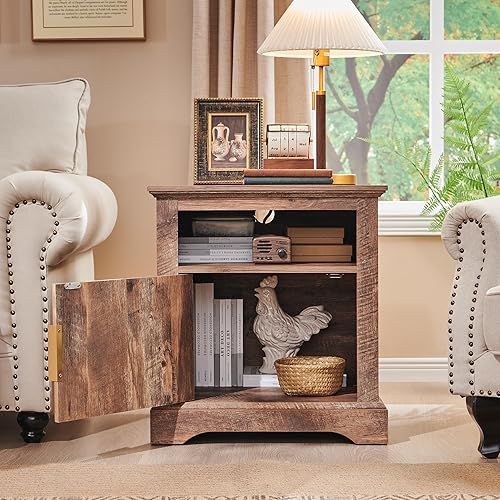 Miniatura 5 de Mesita de noche acanalada con estación de carga, mesa auxiliar moderna grande de 22 pulgadas, mesa auxiliar de madera con estante abierto y mesa