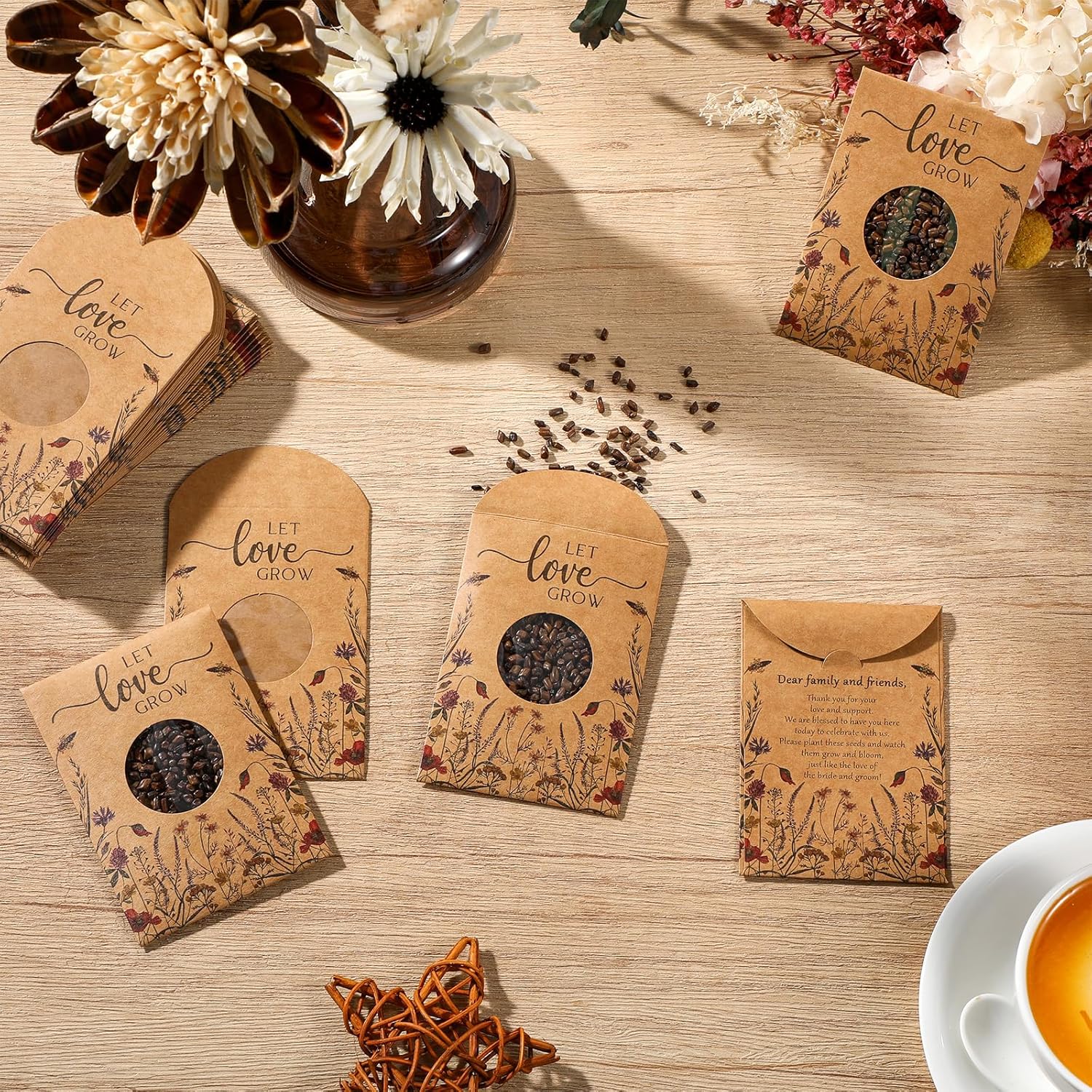 Fumete 100 Pcs Let Love Grow Seed Packets Cool Wedding Favors for Guests Kraft Envelope Kraft Bag with Window Flower Resealable Seed Storage Packets for Wedding Party Favors Bridal Shower