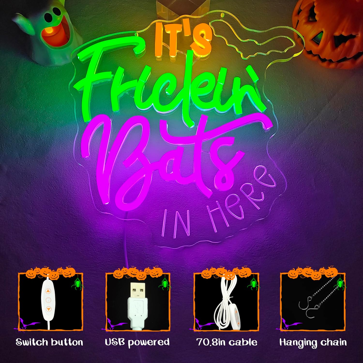 It's Frickin Bats Halloween Neon Signs for Wall Decor It's Frickin Bat Neon Lights Halloween Led Signs for Bedroom Wall USB Halloween Light Up Sign for Bedroom Bats Wall Decor Party Gifts
