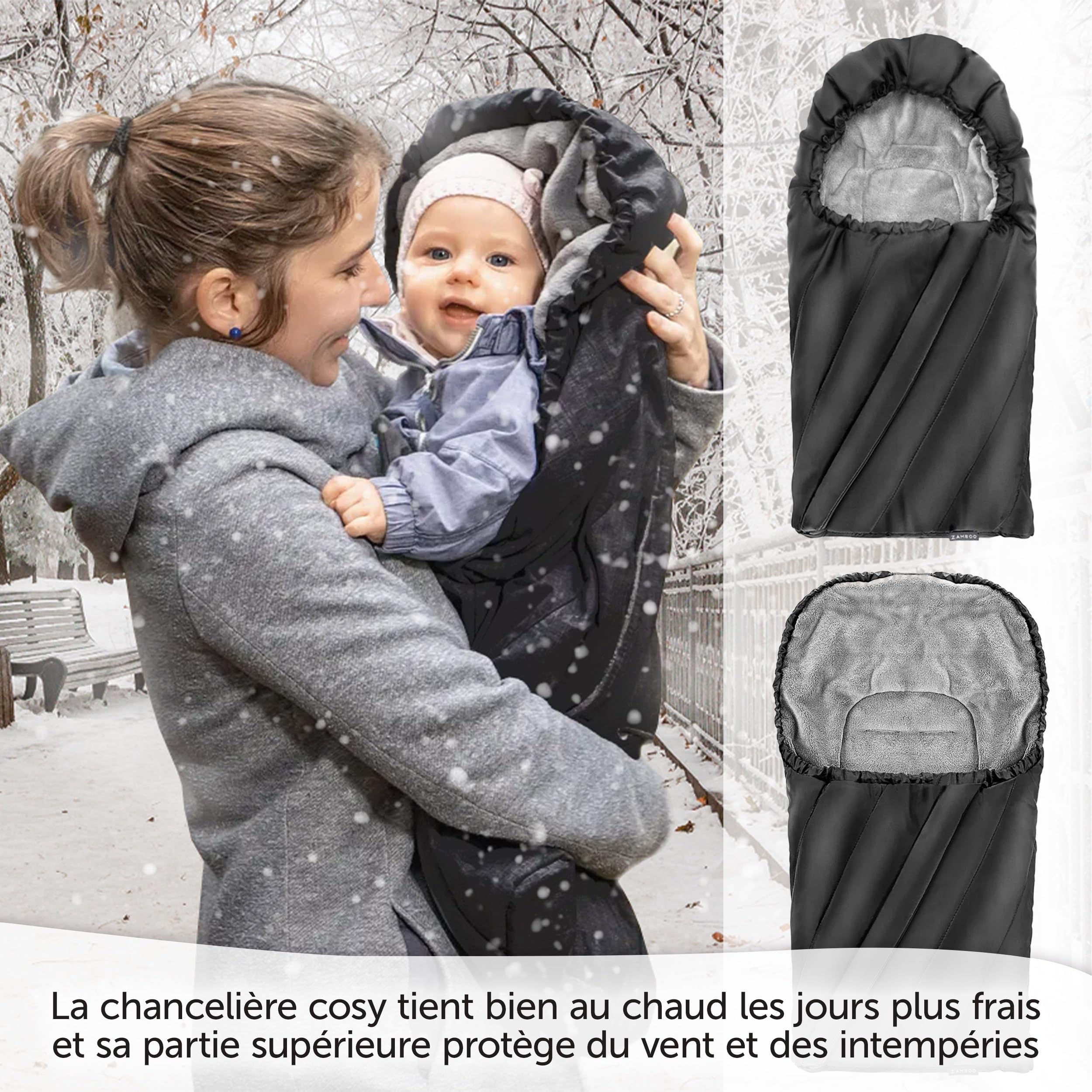 Zamboo Chanceliere Cosy Bébé Hiver avec Intérieur Polaire Teddy Doux, Noir | Nid d'ange bebe avec fentes pour harnais, compatible groupe 0+, sac de rangement inclus, lavable en machine