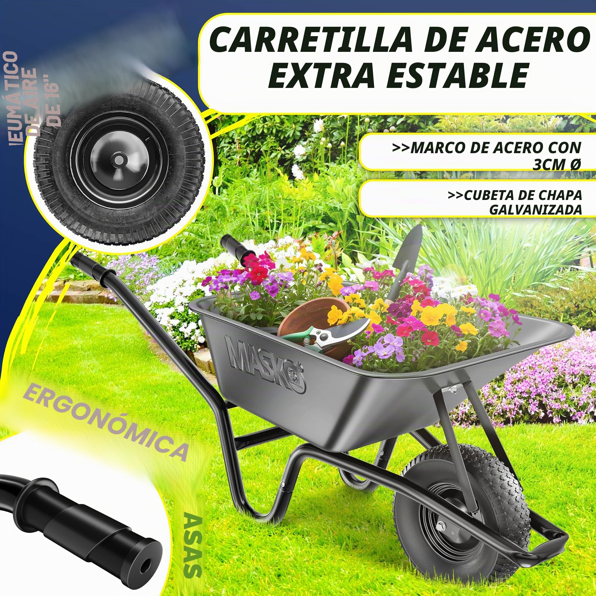 MASKO Carretilla de construcción, carretilla de jardín, 100 litros, 250 kg, neumáticos de aire con llanta de acero + manguera de repuesto para carretilla, marco de acero galvanizado, carretilla de