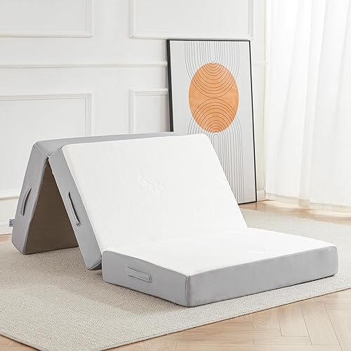 Lazyzizi Colchón plegable de tres pliegues, cama de invitados de espuma viscoelástica de 6 pulgadas con tela de bambú lavable, transpirable,