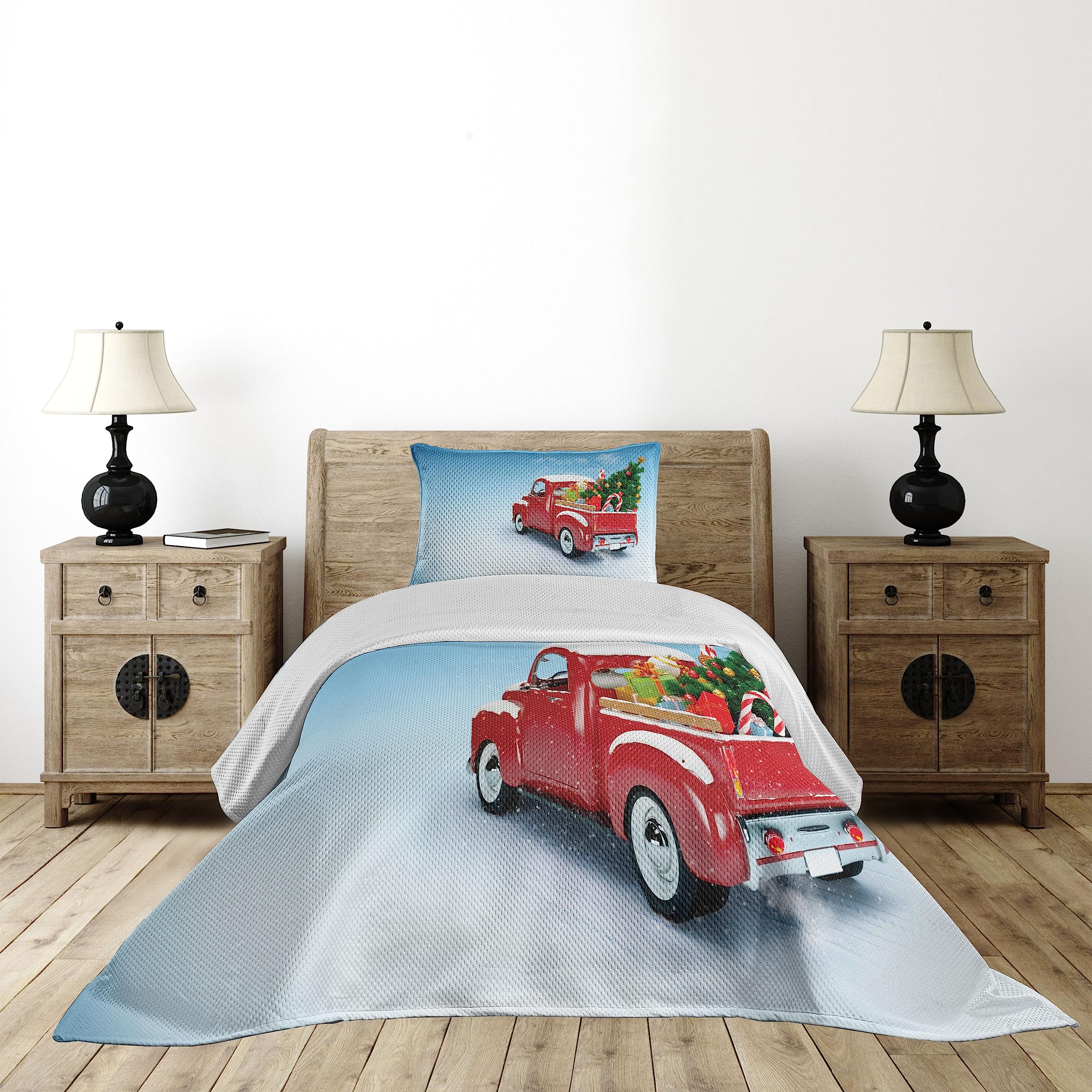 Ambesonne Christmas Coverlet, Red Classical Pickup Truck with Tree Gifts and Ornaments Snowy Winter Day Image, 2 Piece Decorative Quilted Bedspread Set with 1 Pillow Sham, Twin Size, Blue Red