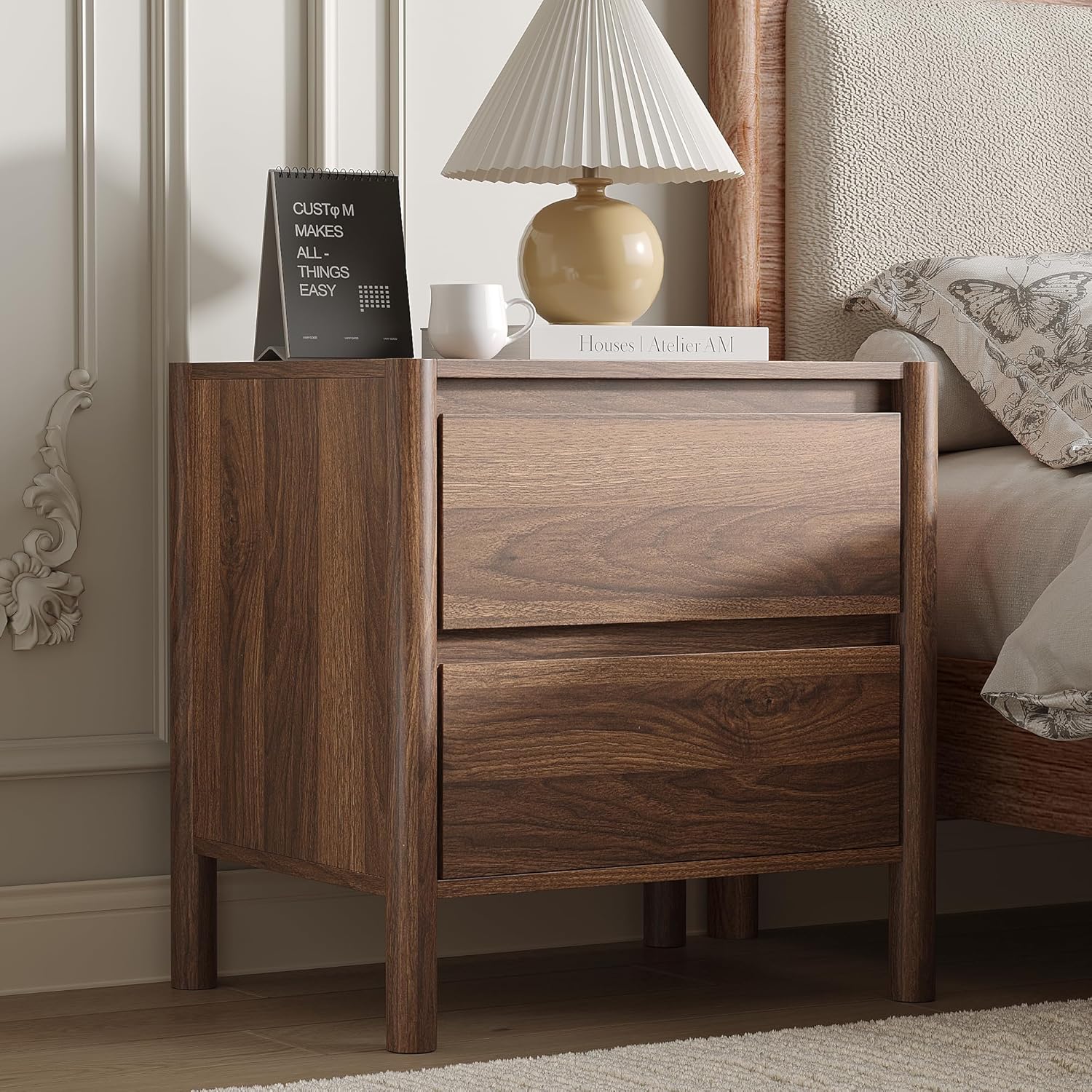2 Pcs Nightstand Sets for Bedroom,Walnut Farmhouse Bedside Tables with 2 Drawers and 4 Sturdy Solid Wood Legs,Multifunctional Wide End Table and Dresser Chest for Sofa -Bedroom, Living Room