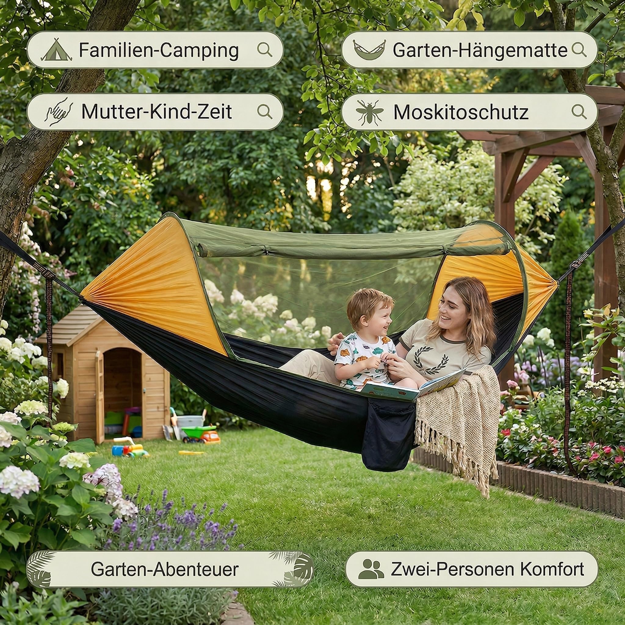 Familien Hängematte mit Moskitonetz, Sonnenschutz & Windschutz, Ultraleicht für 2 Personen, Eltern mit Kind, Garten, Balkon & Camping,200 kg Tragkraft, 290×140 cm (Gelb-Schwarz)