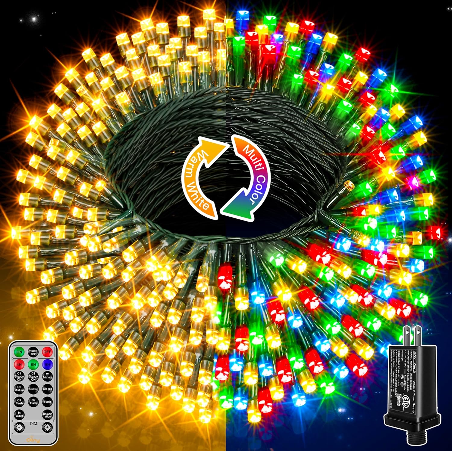 Ollny Christmas Lights, 131FT 400 LED Color Changing Christmas Tree Lights with 11 Modes Remote Control Waterproof Outdoor Christmas Lights for Outside Indoor Patio Xmas Decorations Warm White & Multicolor 400 LED Dark Green Wire