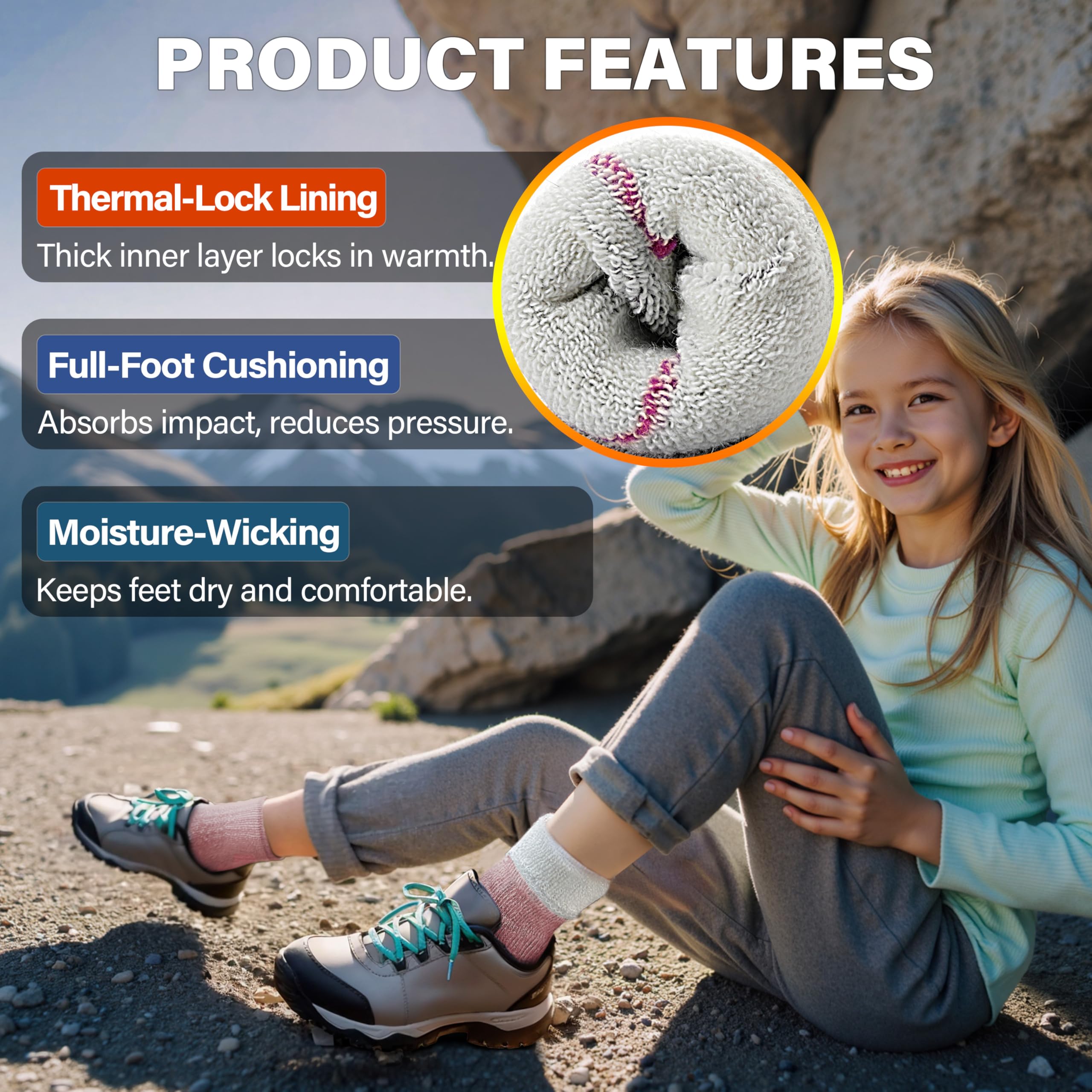 Merino Wandersocken für Kinder Mädchen Jungen Wolle Socken Dicke Thermosocken Warme Sportsocken Trekking Wintersocken Weihnachtssocken Geschenke Kindersocken 4 Paare(Lila/Rosa/Blau/Grau,4-7 Jahre)