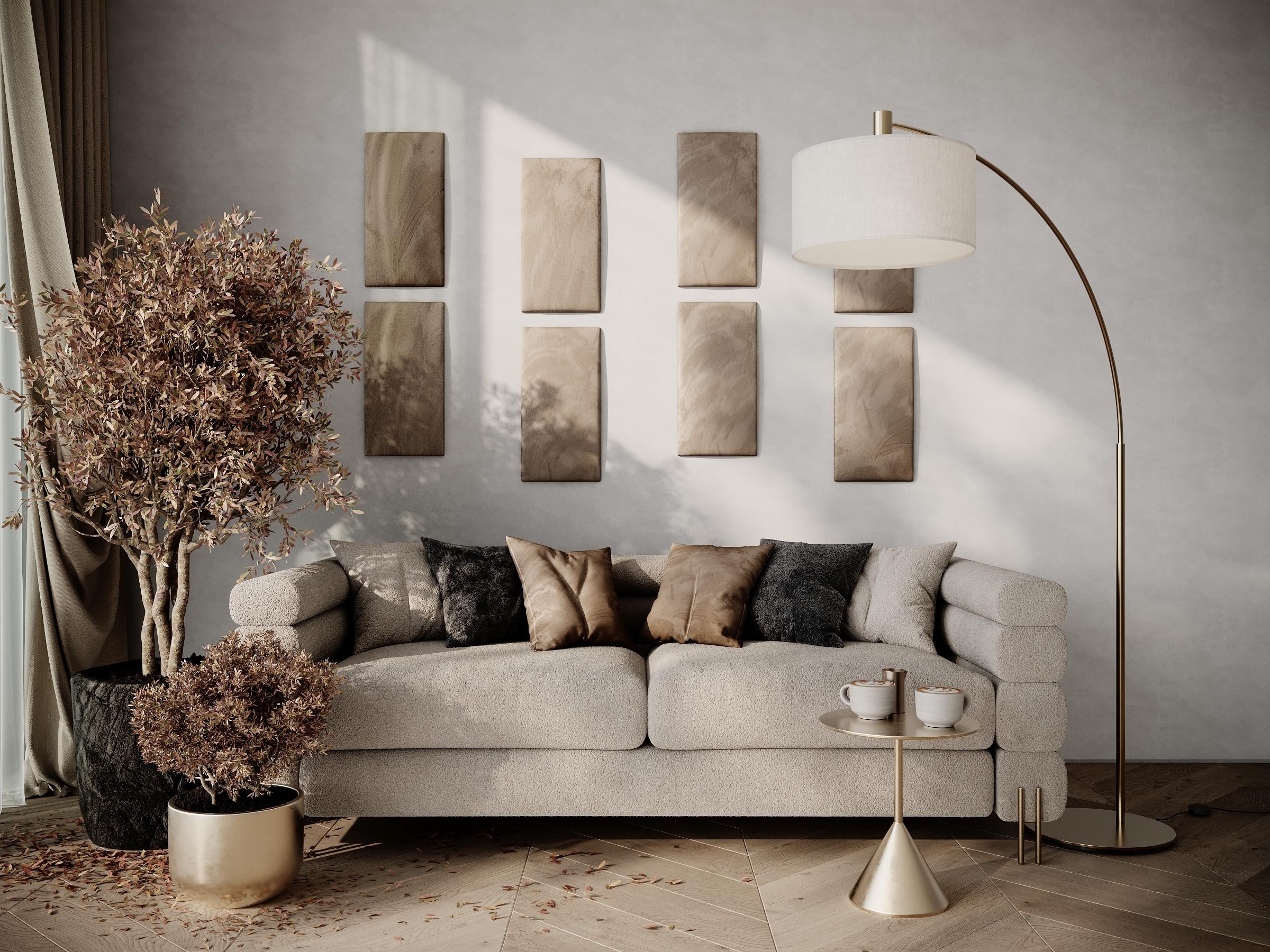 Pack de 2 paneles decorativos acústicos de terciopelo suave para paredes | Baldosas absorbentes de sonido, insonorizantes y reductoras de eco | Tablones suaves | [2x Rectangle (25x50cm) | Beige]