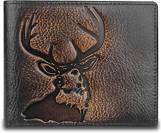 Deer Bifold Wallet for Men RFID Blocking Full Grain Leather With Hand Burnished Extra Capacity Multiple Card Slots with 2 ID Windows (black orange with deer)