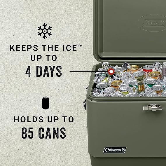 Coleman Reunion Premium Portable Cooler 54qt Steel Belted Leak-Resistant Heavy-Duty Latch Handles & Drain Built-in Bottle Opener Perfect for Camping Tailgating Beach & Picnic