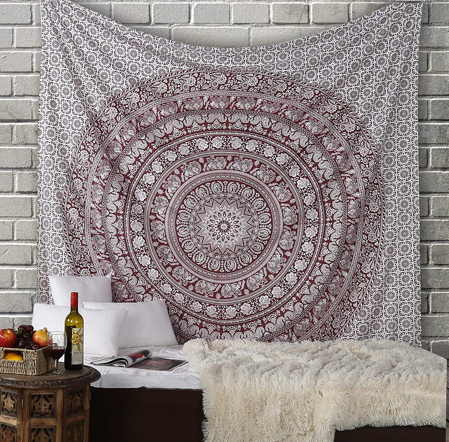 Rajrang Burnt Maroon Wall Hanging Elephant Tapestry Mandala Large Hippie Beach Throw Blanket 213X230 Cm Boho Indian Cotton Aesthetic Home Decor Tapestries