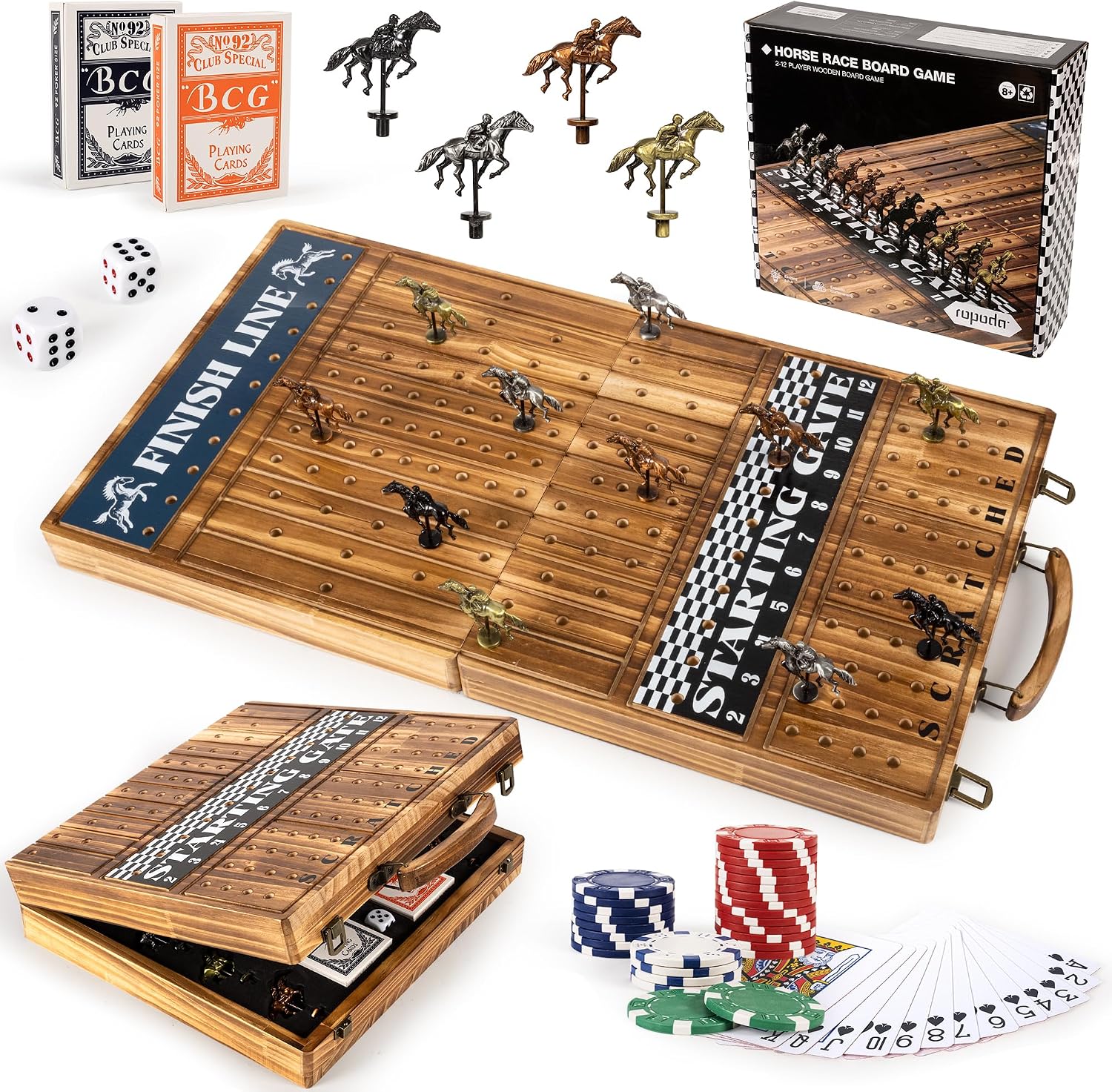 ropoda 23 inches Horse Race Board Game with 11 Luxury Horses,Foldable Wood Horse Racing Board Game with 100 Pcs Chips,2 Dice and 2 Boxes of Cards,Vintage Color