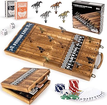 ropoda 23 inches Horse Race Board Game with 11 Luxury Horses,Foldable Wood Horse Racing Board Game with 100 Pcs Chips,2 Dice and 2 Boxes of Cards,Vintage Color