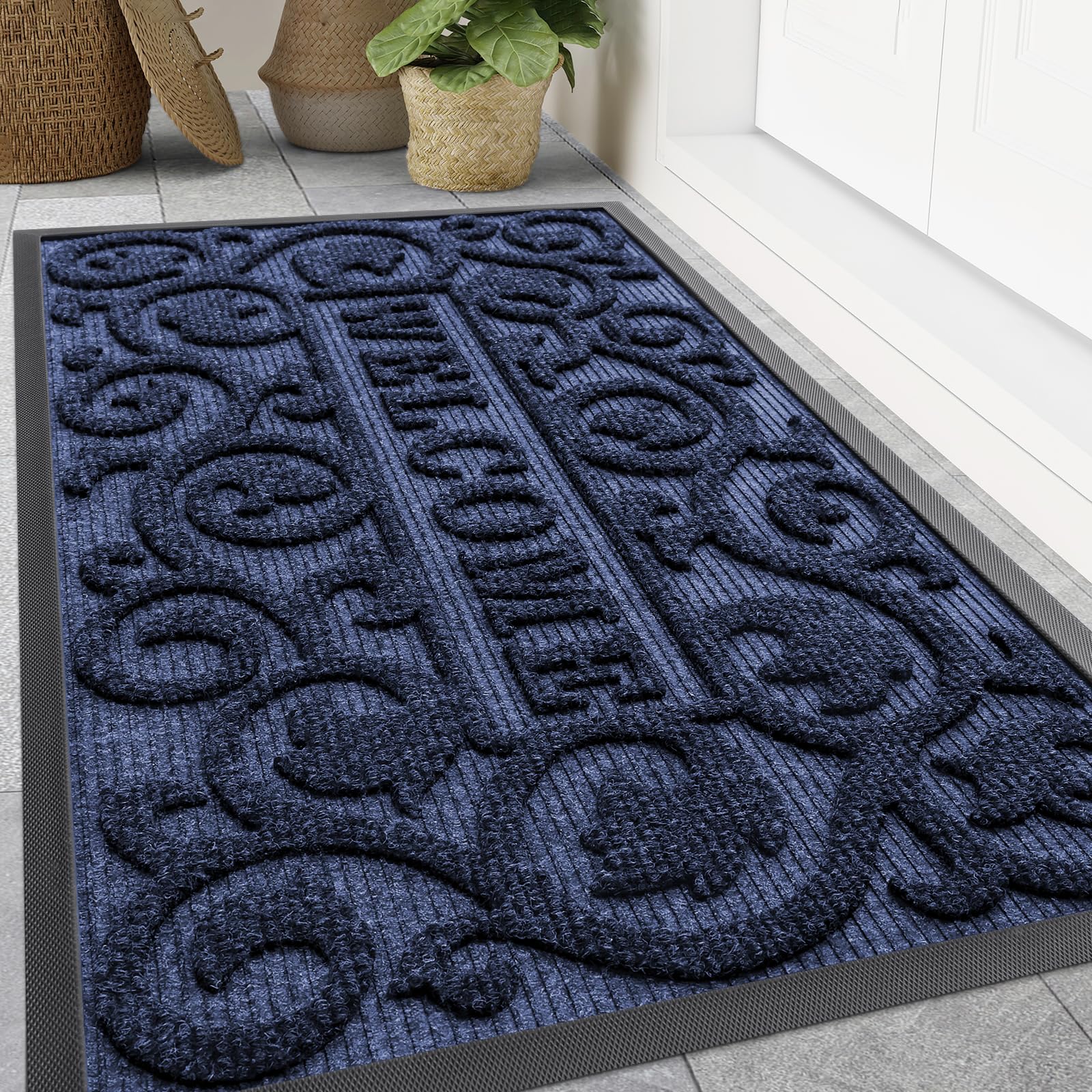Smiry Front Door Mat Outside Entrance, Low Profile Rubber Doormat, 47x32
