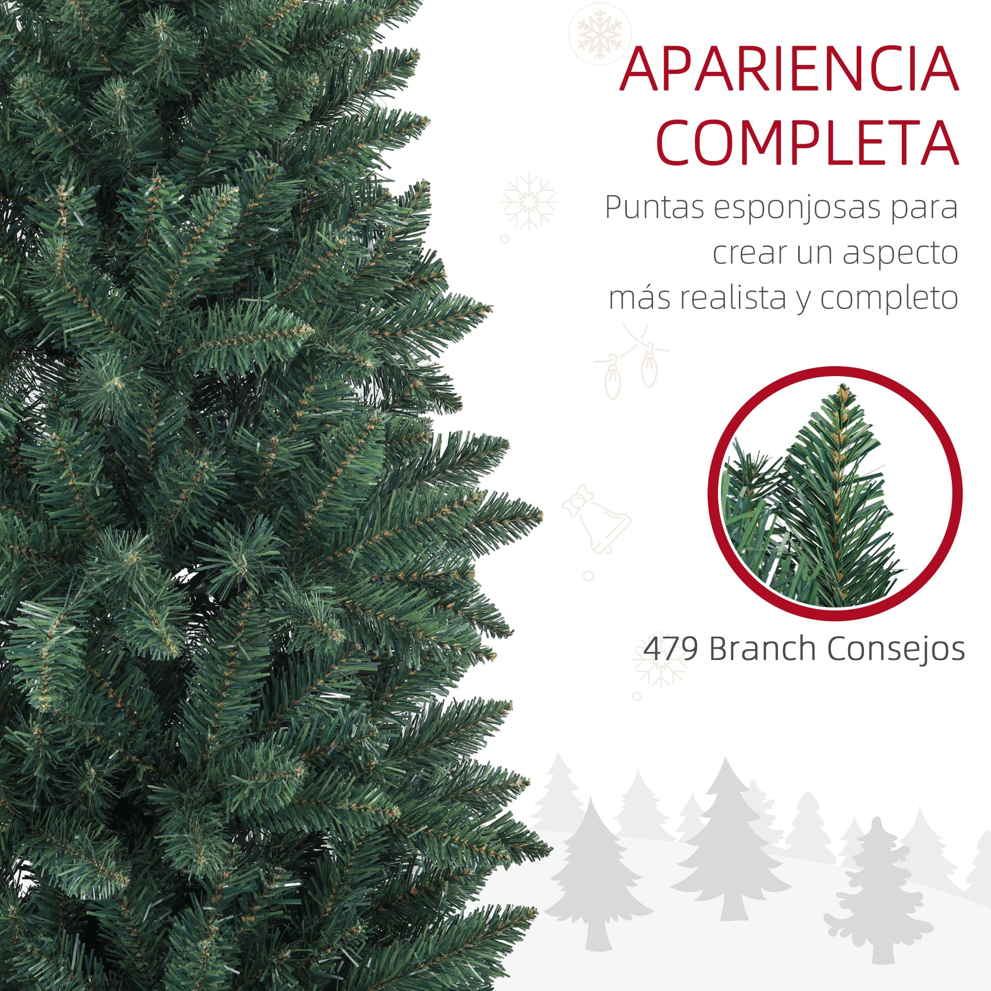 HOMCOM Árbol de Navidad Estrecho 183 cm Base Plegable 479 Ramas Verde