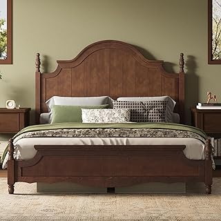 AMERLIFE Solid Wood King Bed Frame, Traditional Poster Platform Bed with 55" Tall Arched Headboard, Wood Slat Support, No Box Spring Required, Dark Walnut