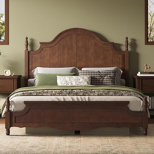 AMERLIFE Solid Wood California King Bed Frame with 55" Arched Headboard, Traditional Poster Bed with Wooden Slats Support, No Box Spring Needed, Easy Assembly, Dark Walnut