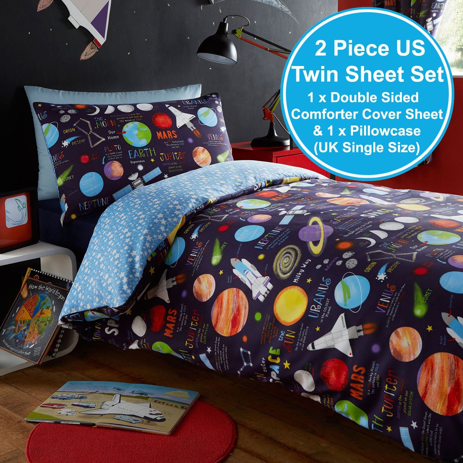 Harwood Textiles Planets 2 Piece UK Single/US Twin Sheet Set, 1 x Double Sided Sheet and 1 x Pillowcase