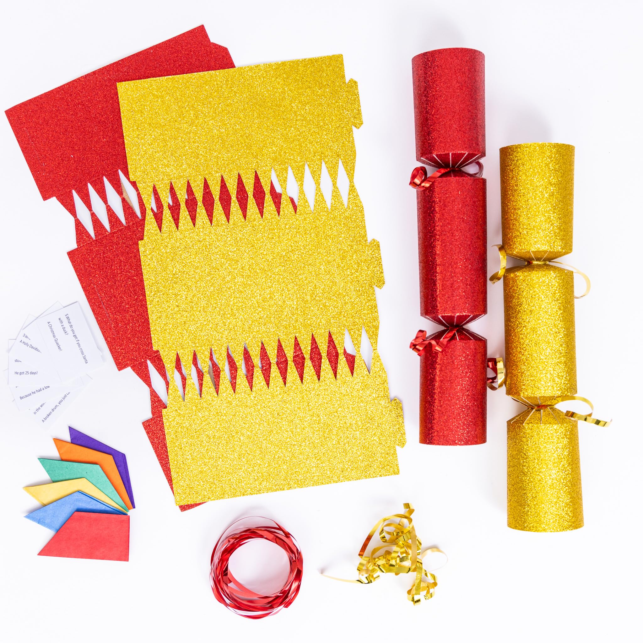 Evelay Red, Gold 12 Make Your Own Christmas Cracker Kit Diy Red & Gold Glitter Crackers Hats Snaps Jokes (Red, Gold)