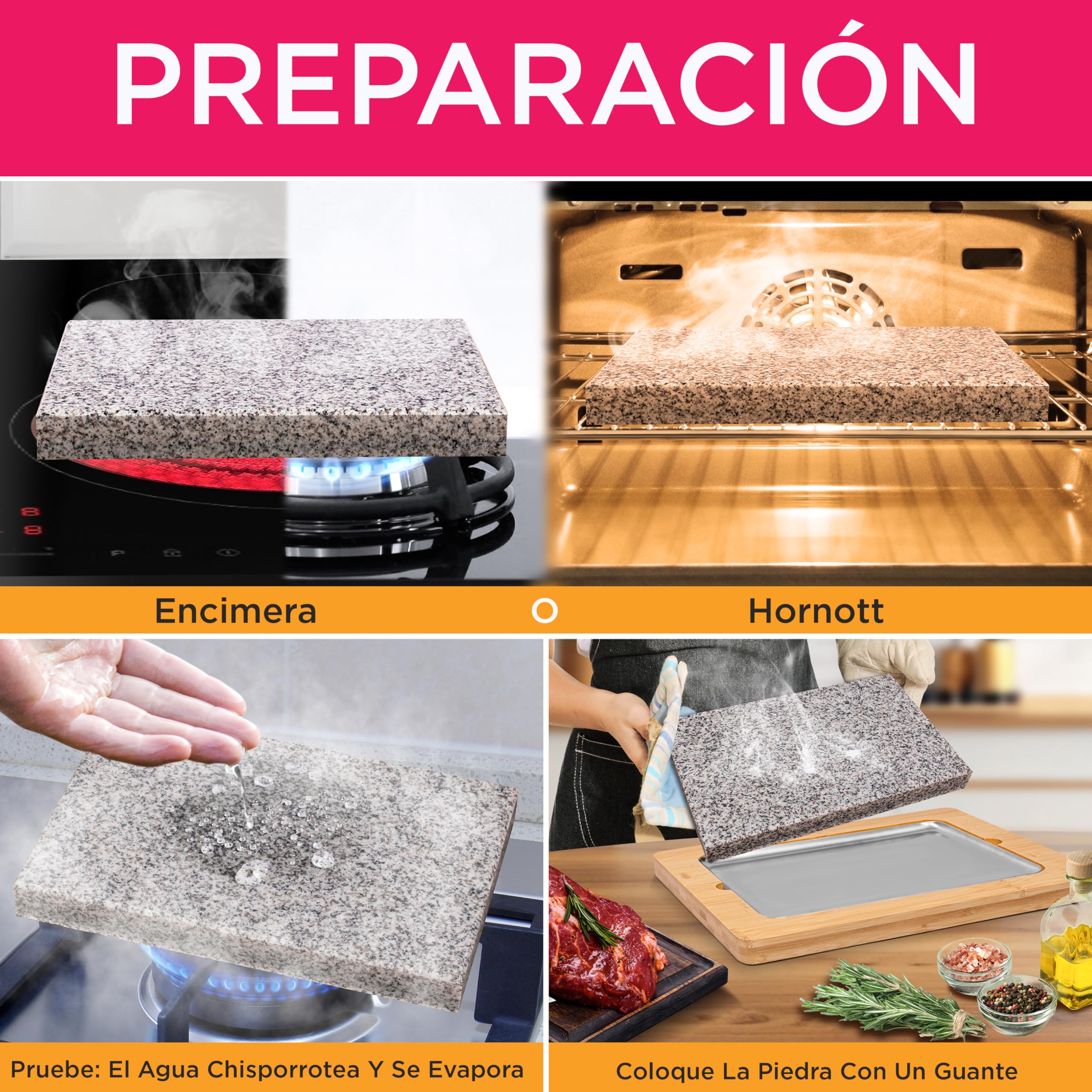 Nutrichef juego de parrilla de piedra, Caliente, Bandeja de bambu, Con asas antideslizantes, Control de temperatura ajustable, Perfecta para carnes y verduras