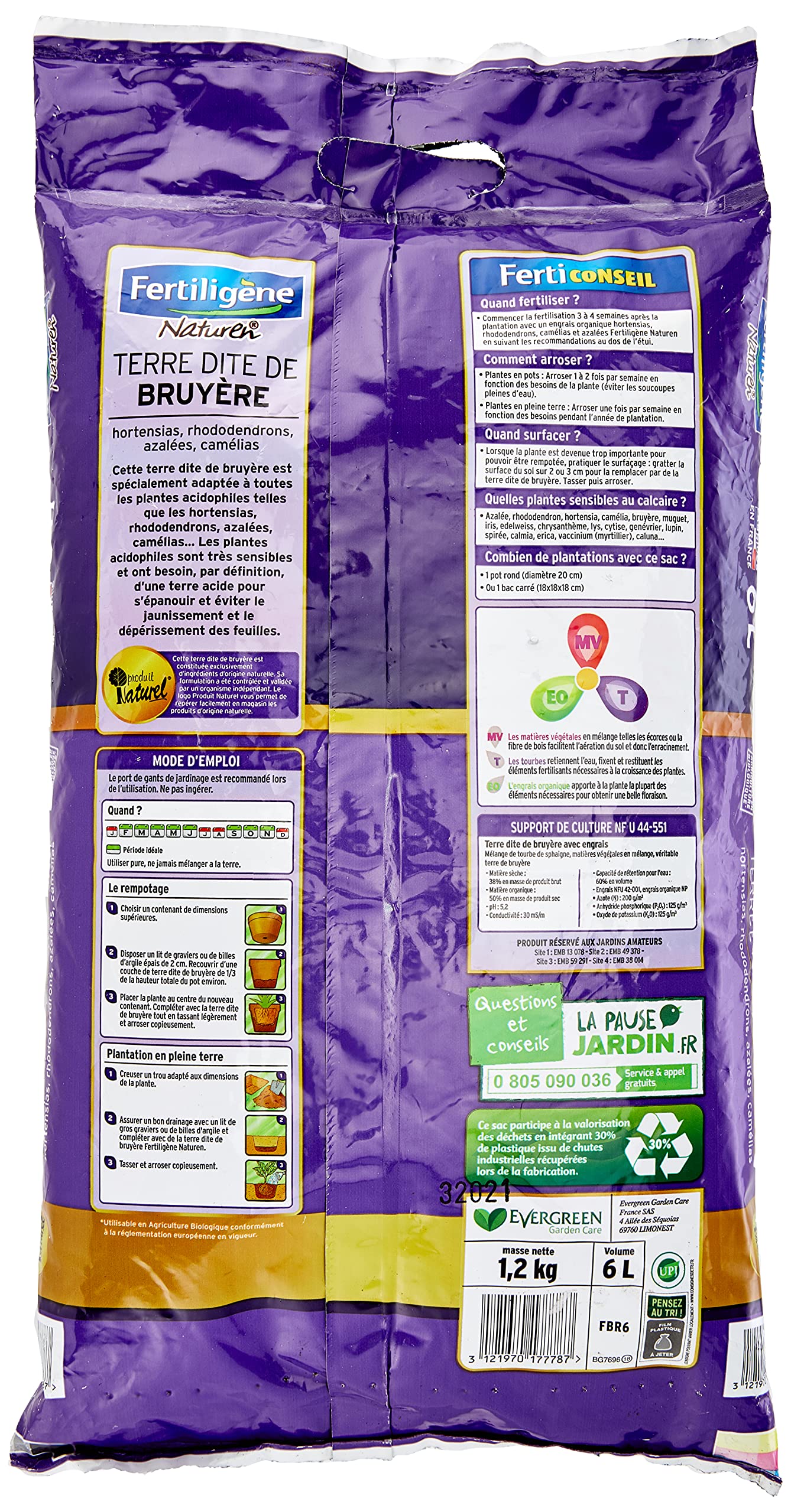 FERTILIGENE NATUREN FBRU6P - Terre Dite de Erière, Ortensie, Azalee UAB 6 L - Adatto alle Piante acidofili - Terra di Erica con Fertilizzante Organico - Fioritura più Abbondante - Made in France